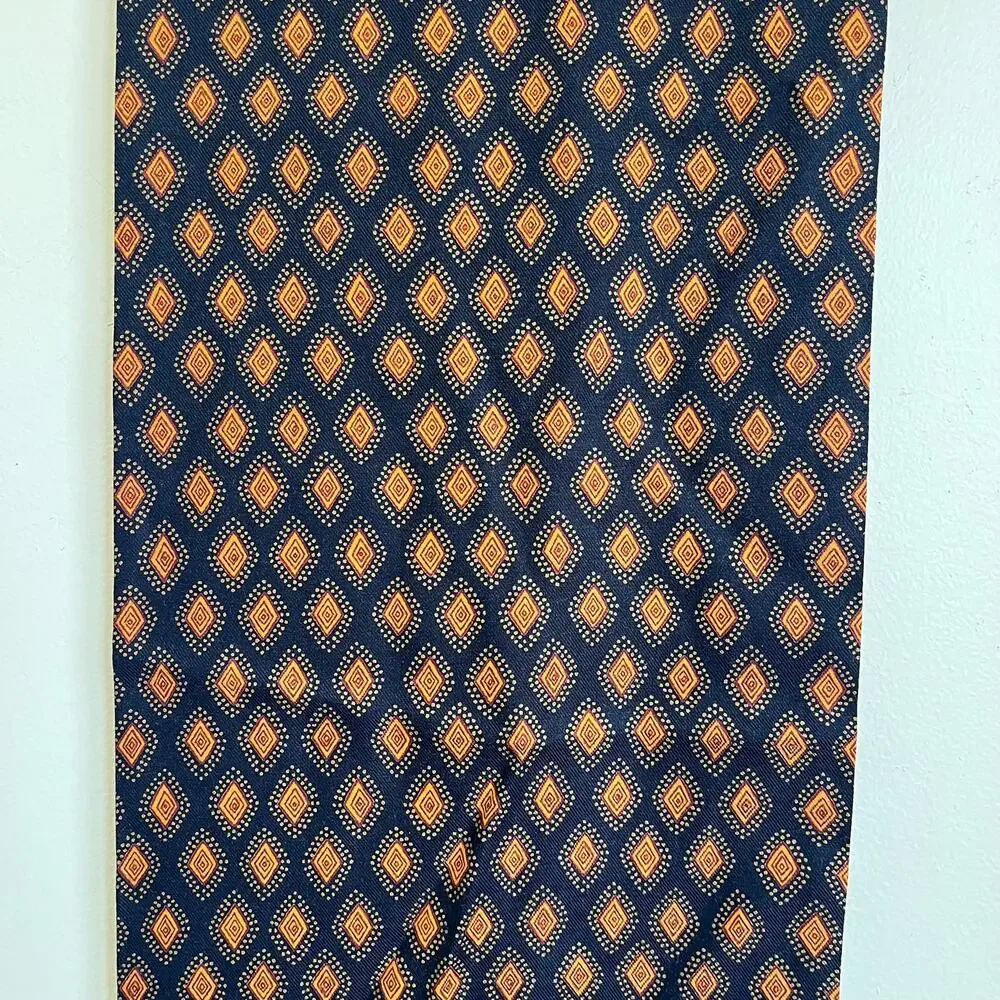 Suburbans Vintage English Channel Diamond Print Scarf Blue Gold Fringe‎ USA Made